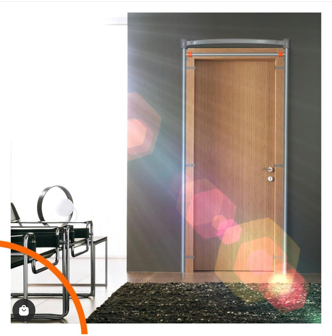 Doorway Gym with Adjustable Pull Up bar installed in beautiful doorway with lighting high quality home gym equipment